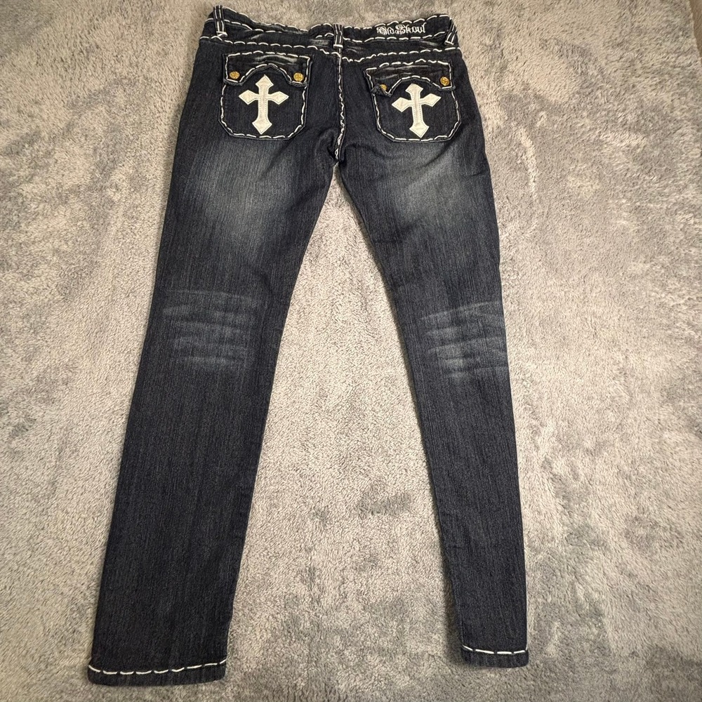 Old Skool Womens Straight Leg Jeans Dark Wash Thick White Contrast Stitch 11 - Picture 10 of 14